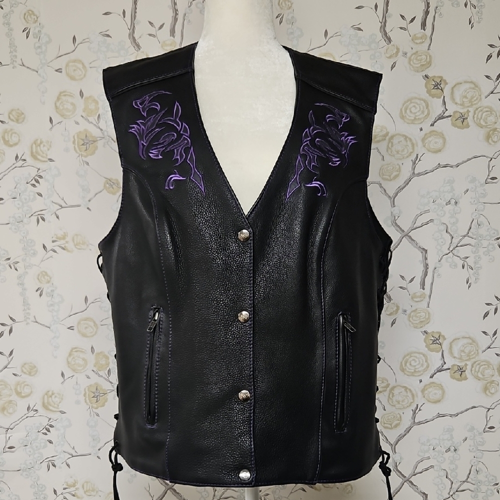 MILWAUKEE Black Leather Vest with Purple Embroidery 3X